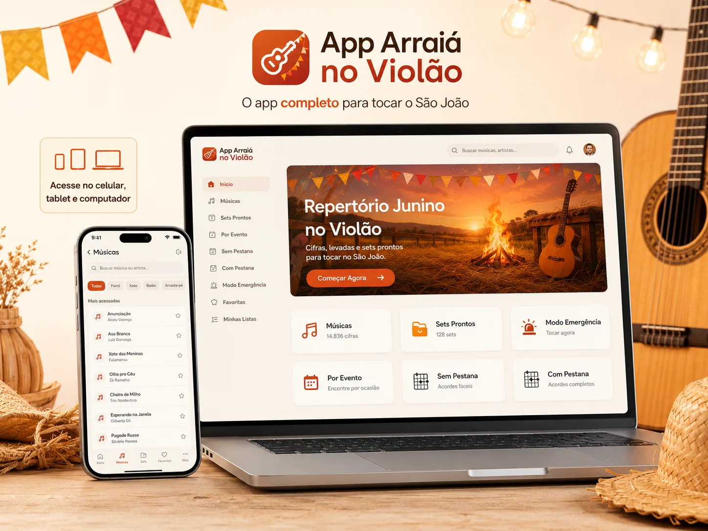 App Arraiá no Violão no celular, tablet e computador